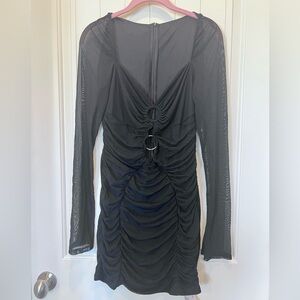 NWT Sheer sleeve double ring ruched slip on stretchy black dress XL